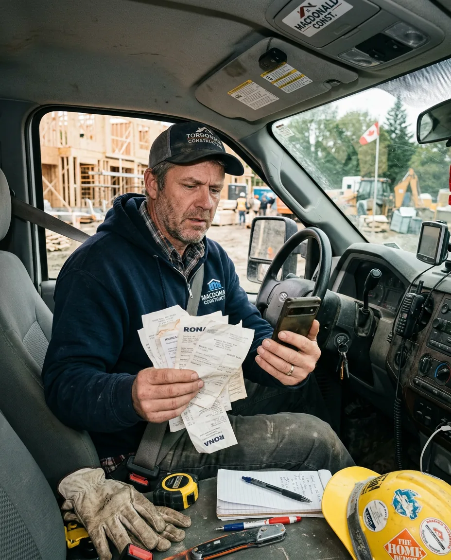 Small business owner in a work truck reviewing paper receipts alongside a smartphone, representing the common receipt management challenge for mobile businesses