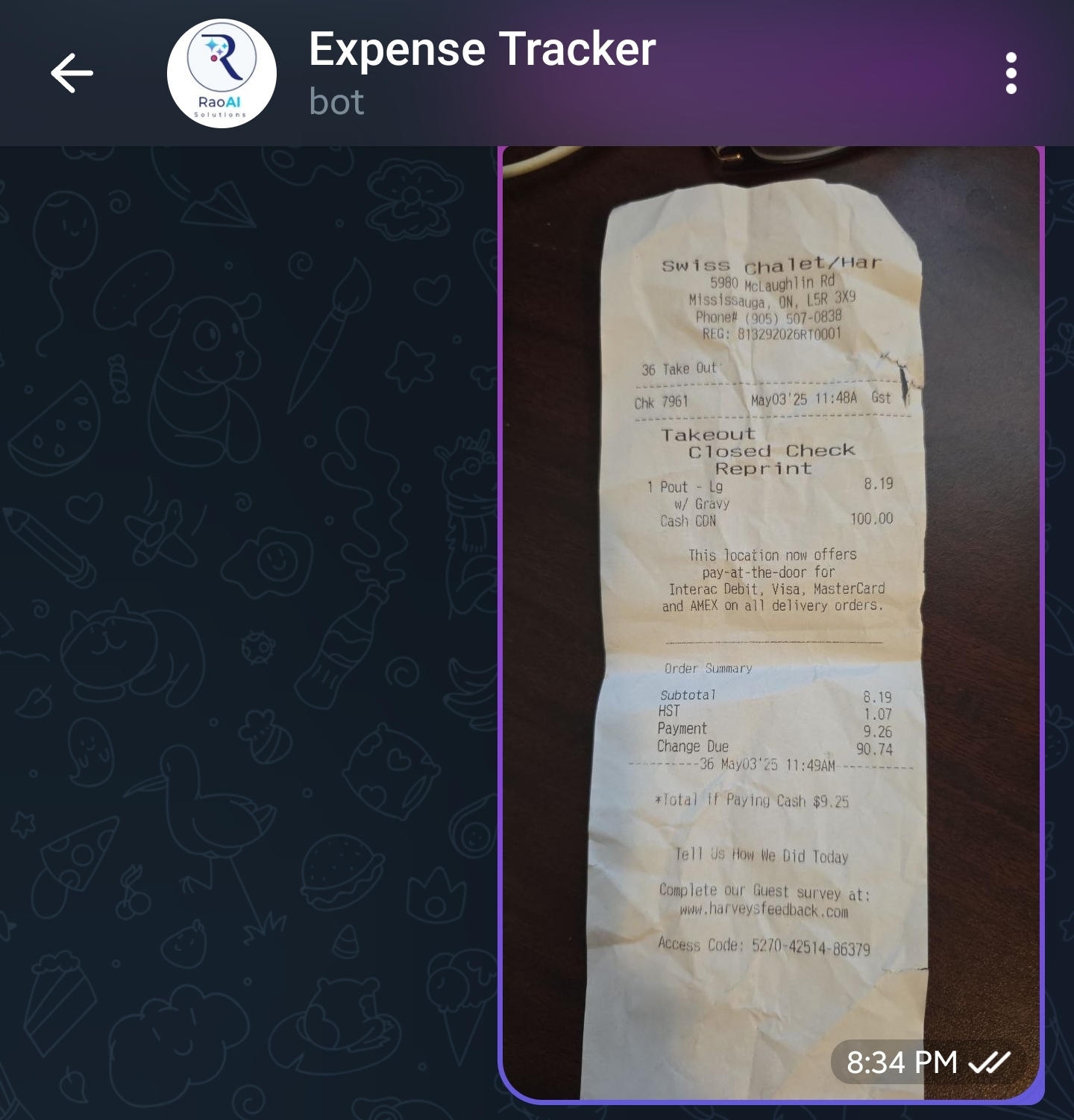 Telegram bot interface showing a receipt photo being sent by a user to the Expense Tracker bot