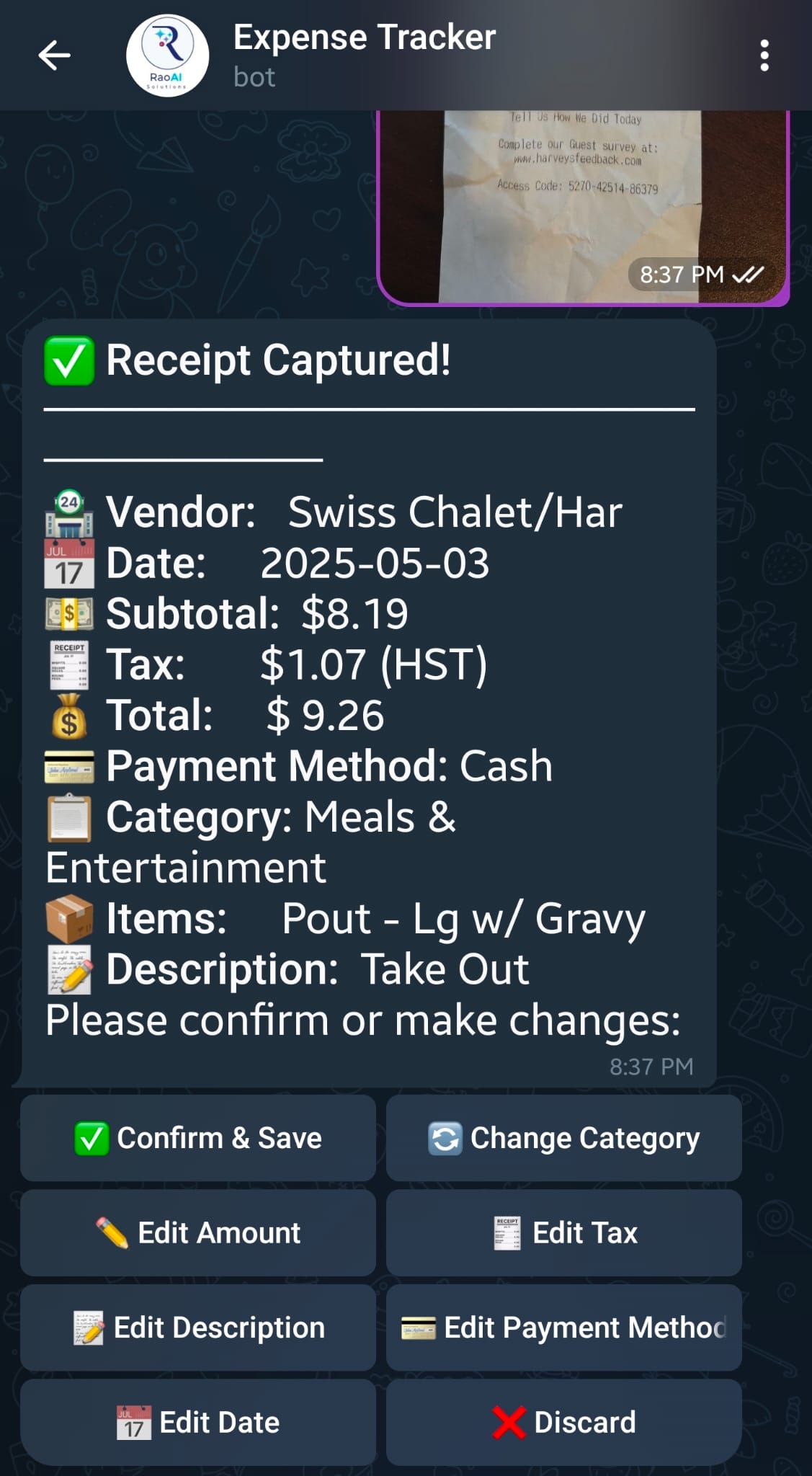 Telegram bot showing extracted receipt details — vendor, date, subtotal, HST tax, total, category, and edit buttons for review before saving
