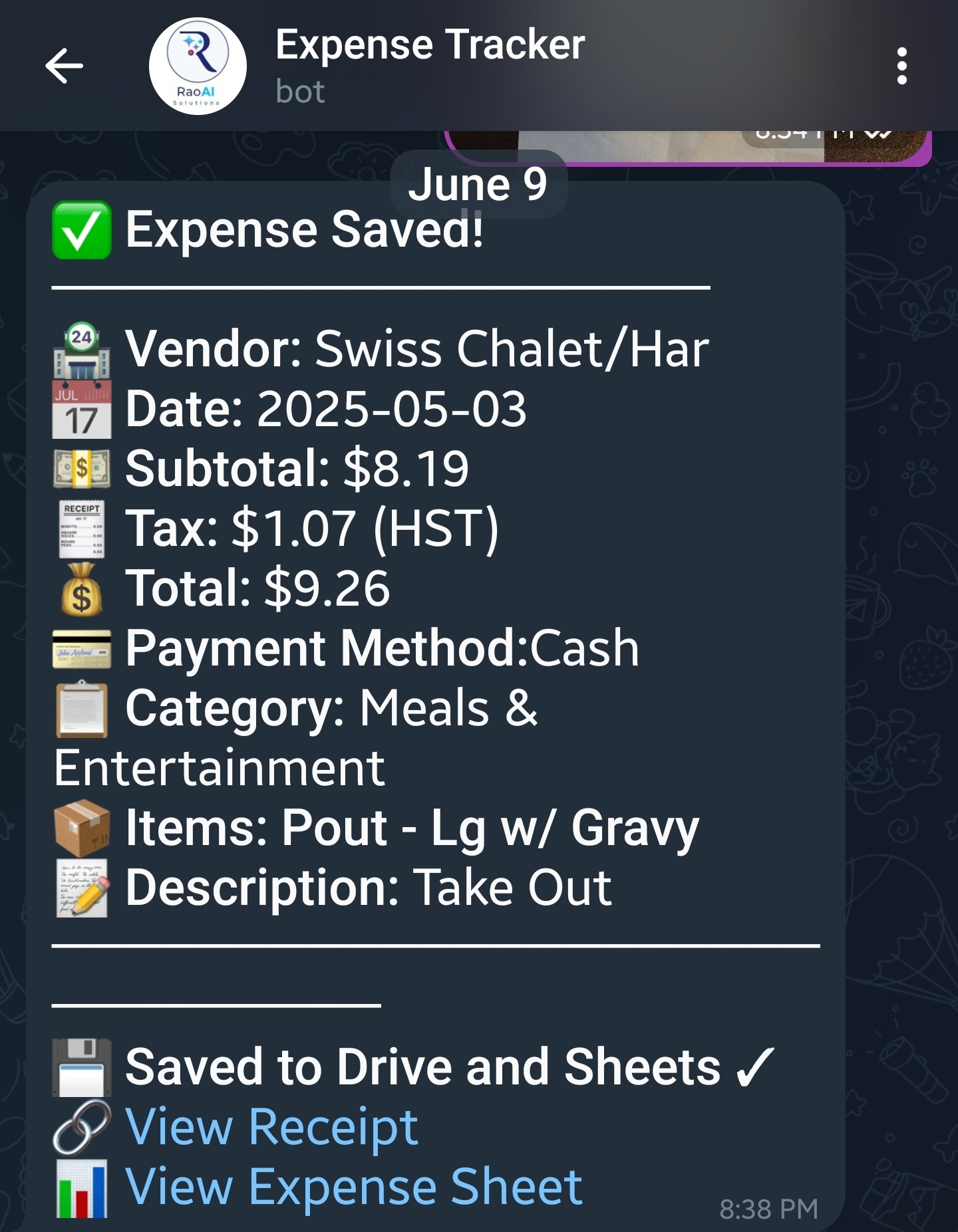 Telegram bot confirmation showing Expense Saved with links to View Receipt in Google Drive and View Expense Sheet in Google Sheets